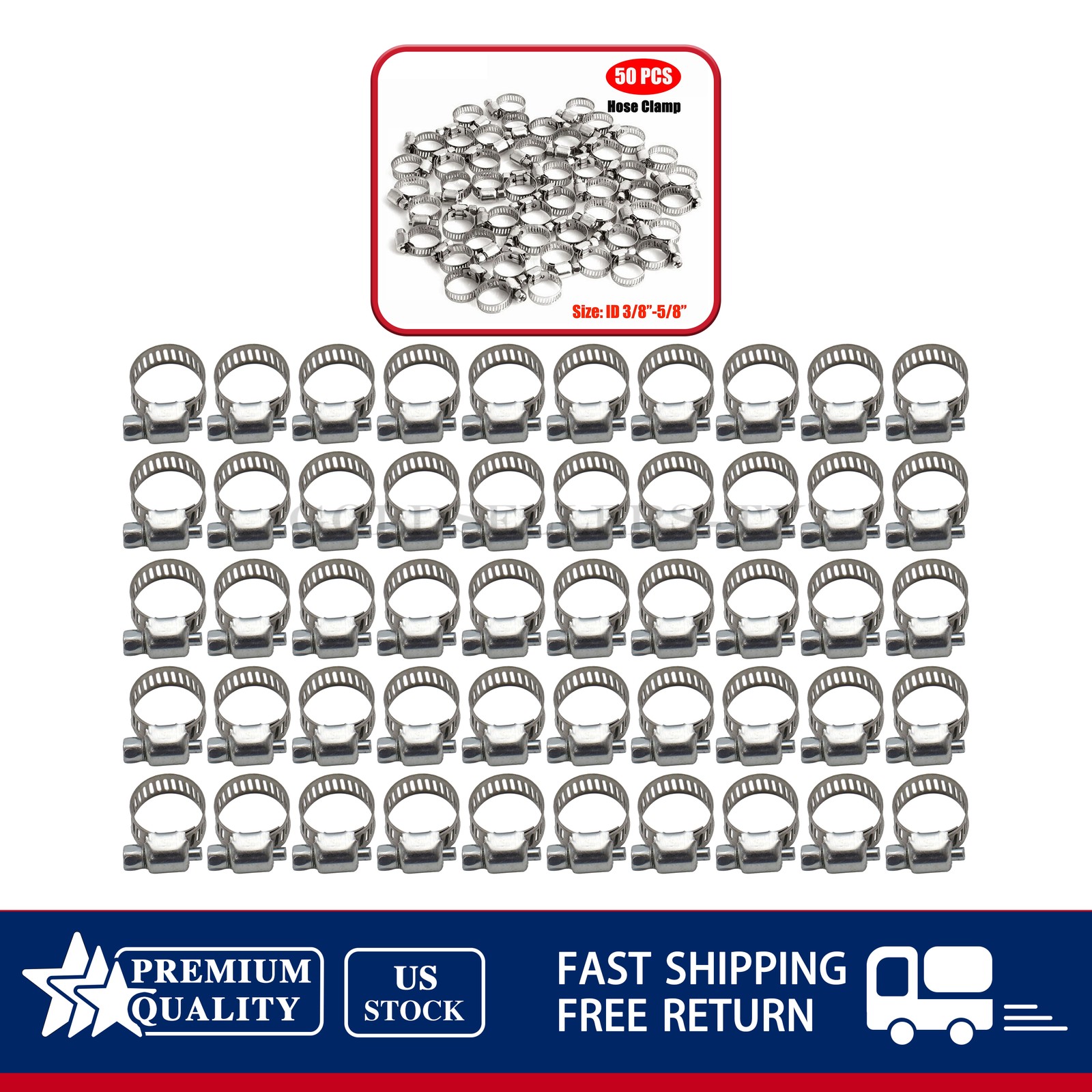 50x 3/8"-5/8" Stainless Steel Adjustable Drive Hose Clamps Fuel Line Worm Clip