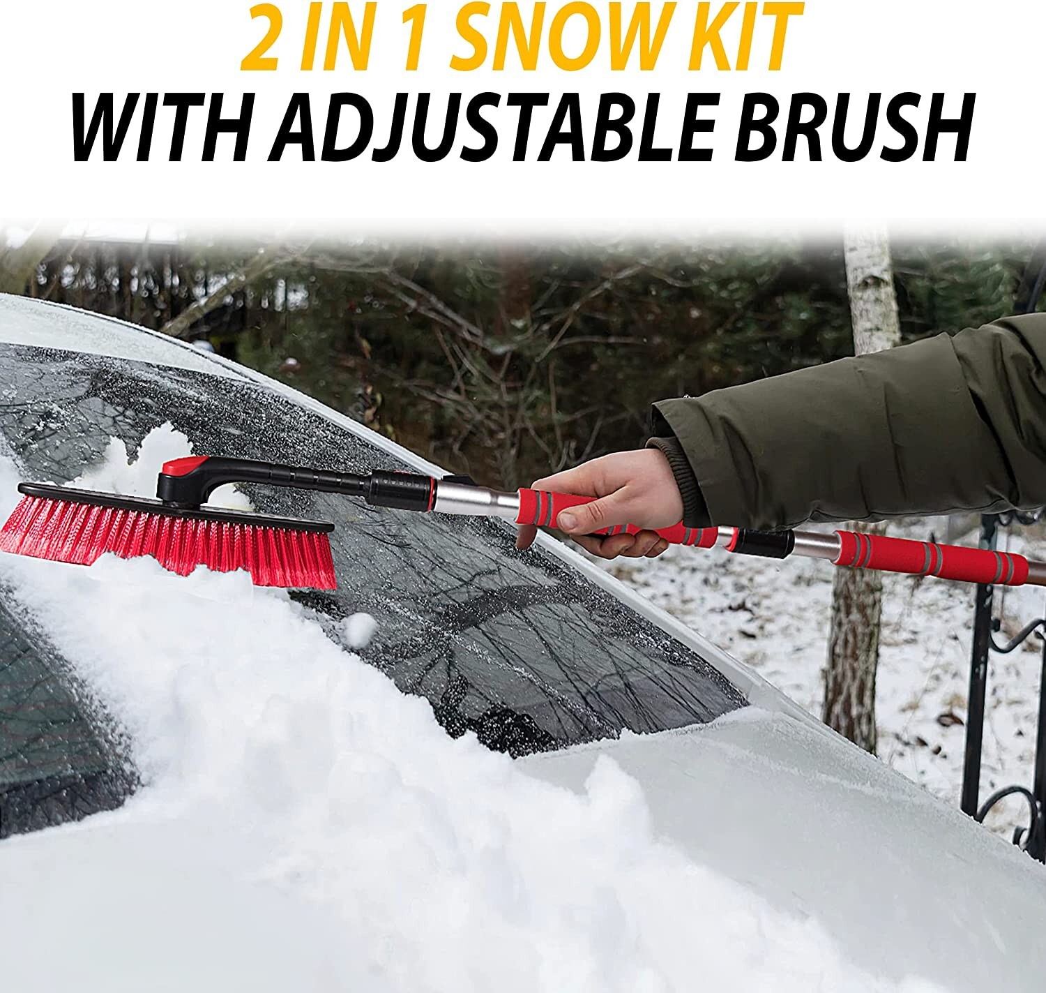 62" Portable Extendable Snow Brush and Ice Scraper 360° Pivoting Brush Head