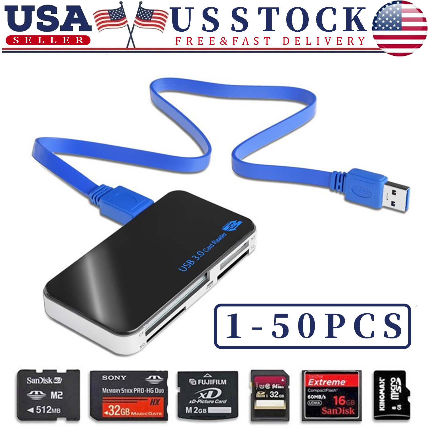 USB 3.0 Memory Card Reader Adapter 5GBPS Fit CF/TF/SD/Micro SD/XD/M2/MS Card LOT
