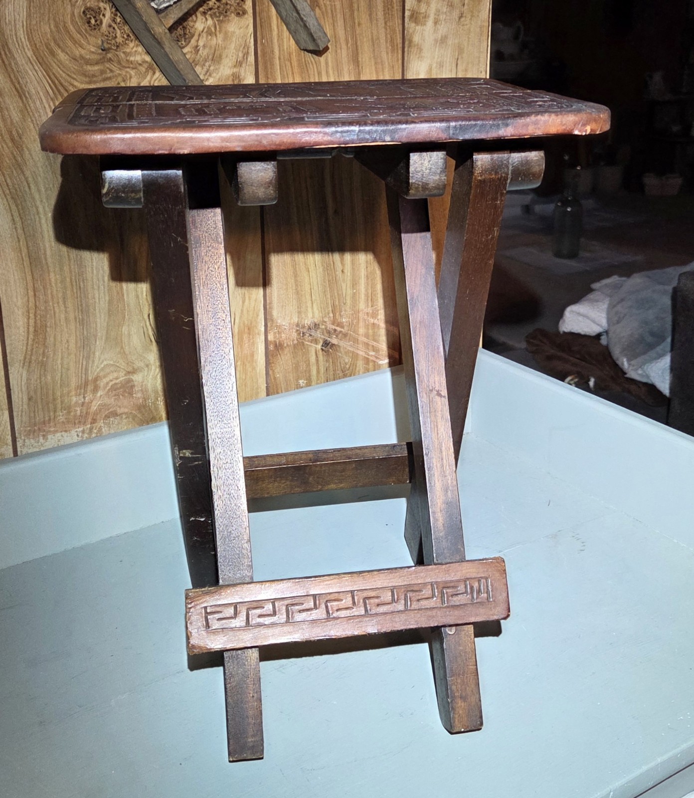 VTG Peruvian Peru Folding Hand Tooled Leather & Wood Collapsible Stool Or Table