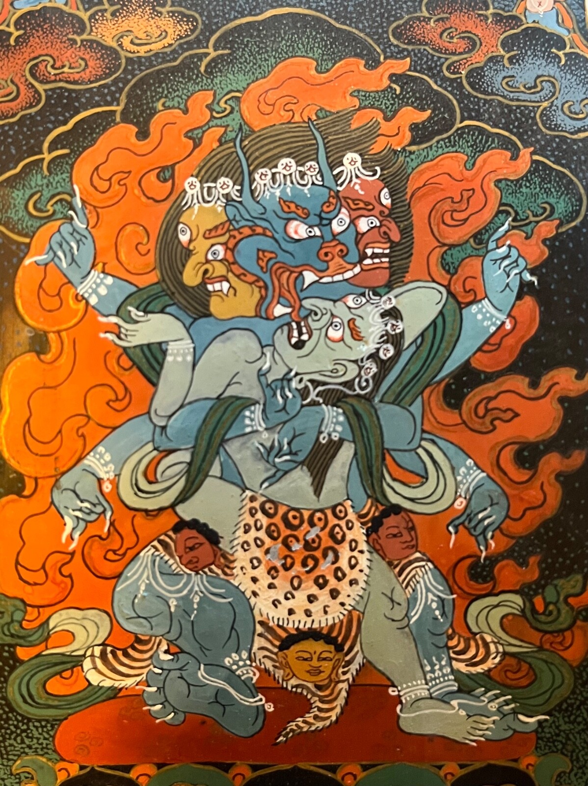 Tibetan Thangka Painted on Horn Yamantaka in Father-Mother Union