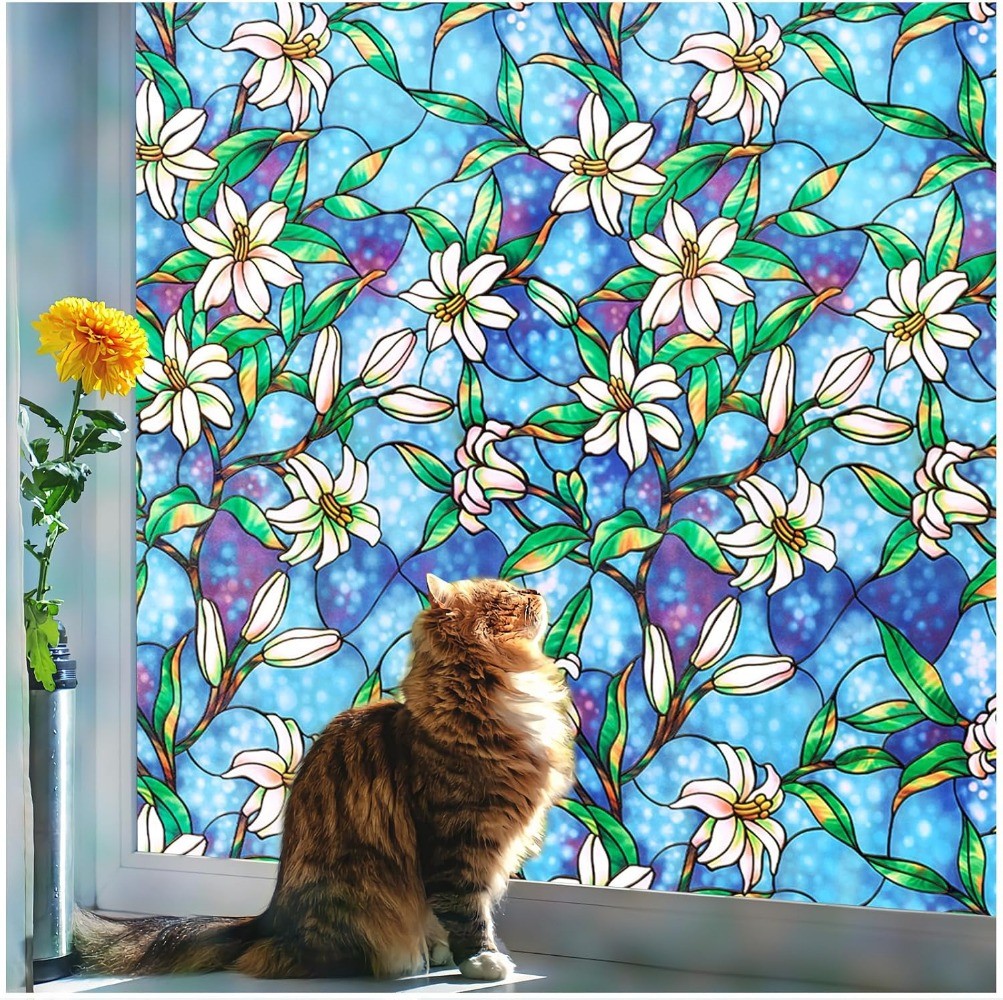 rabbitgoo Stained Glass Window Film Static Cling Blue Lily Decorative Film Door