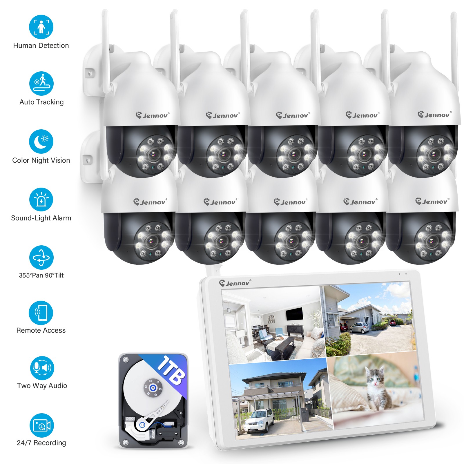 JENNOV 5MP Wireless Home Security Camera System WiFi Outdoor 360° PTZ 10CH NVR