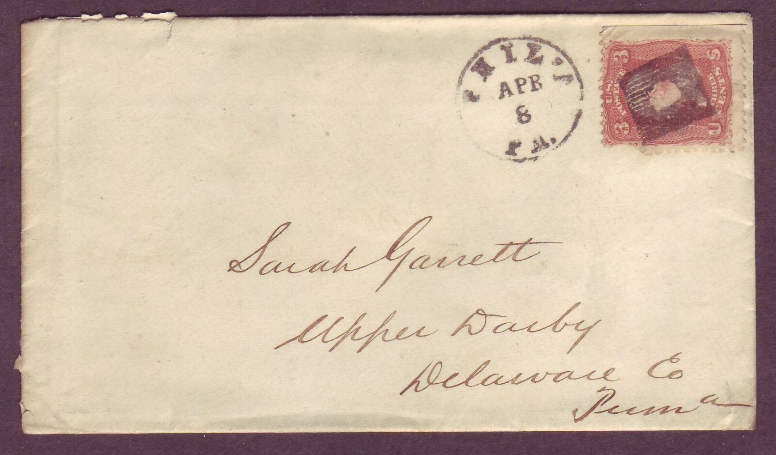 PHILA PA FANCY CANCEL - PERFECT STRIKE on PENNA Cover w GRILLED STAMP - RARE !