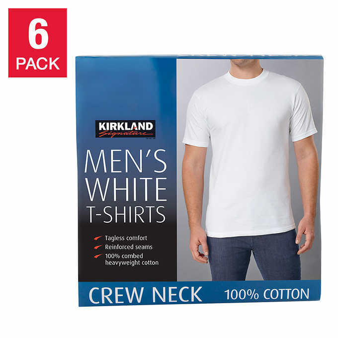 Kirkland Men's 6-pack White 100% Cotton Crew Neck T-shirt S M L XL XXL 3XL