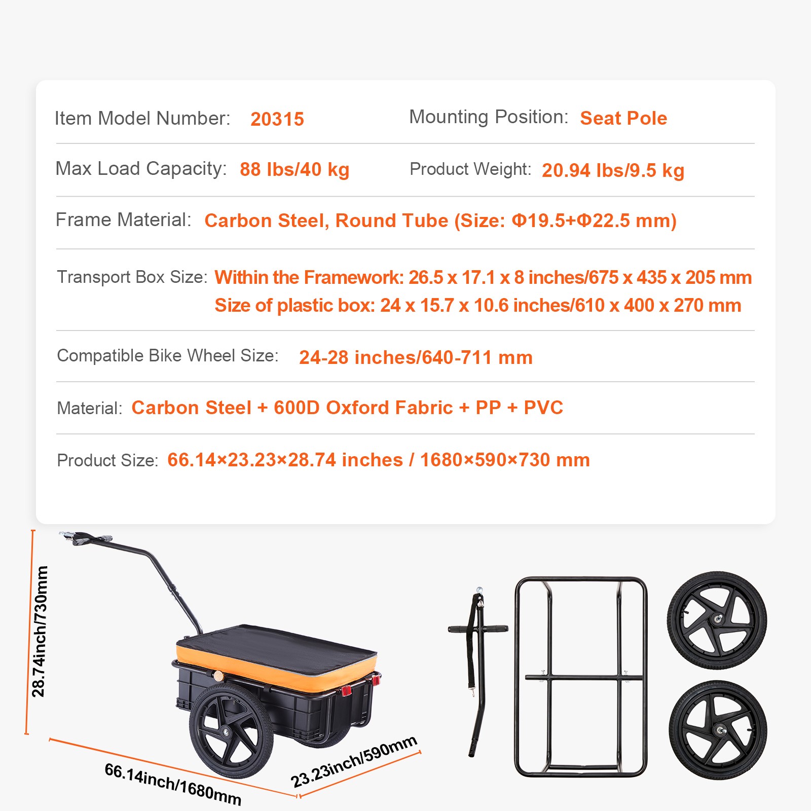 Bike Cargo Trailer Bicycle Carrier Storage Cart 88 lbs Load Carbon Steel