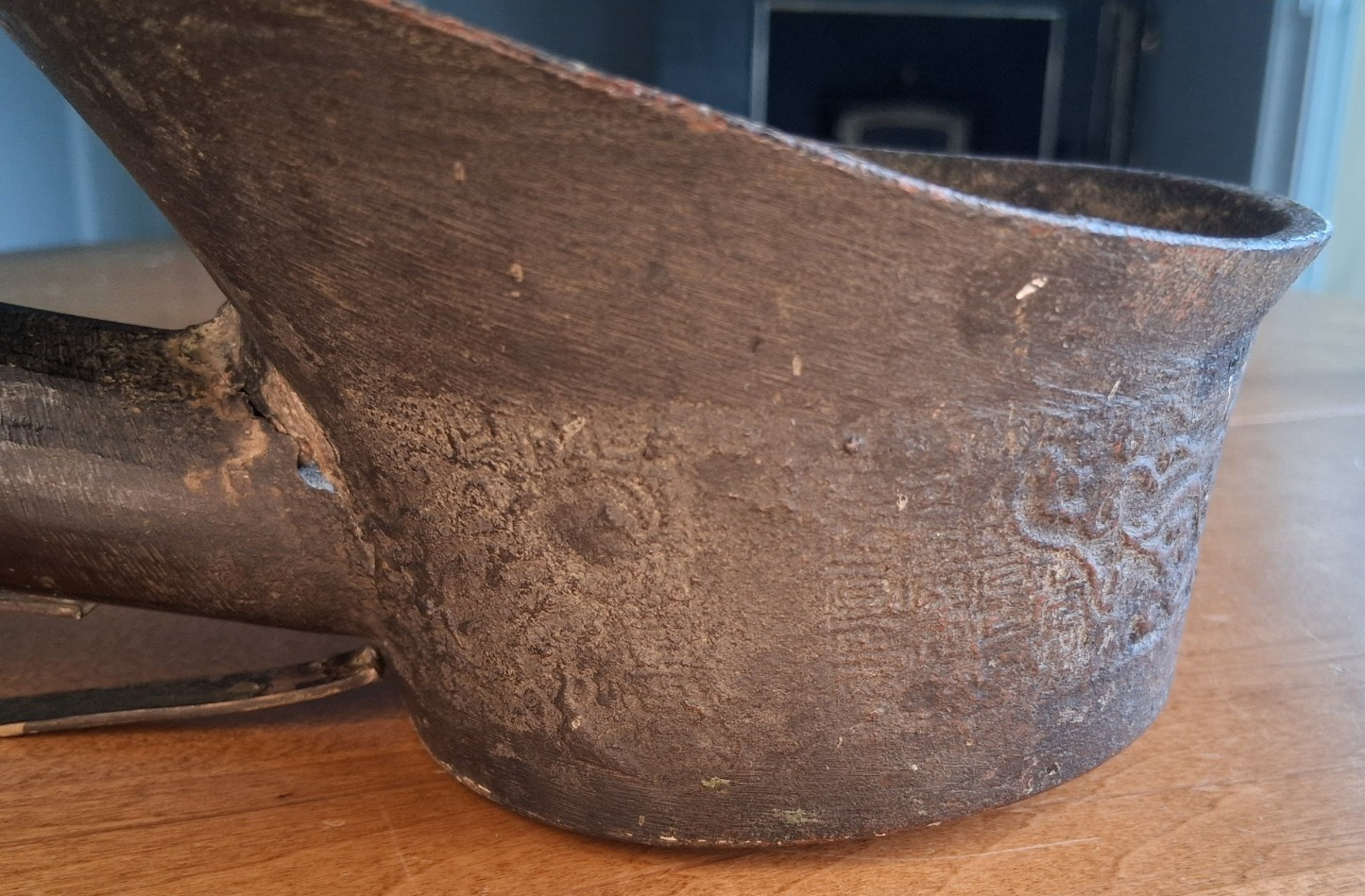 Antique 12" Big Chinese Bronze Silk Iron w/ Carved Cinnabar Handle, Hole Shown