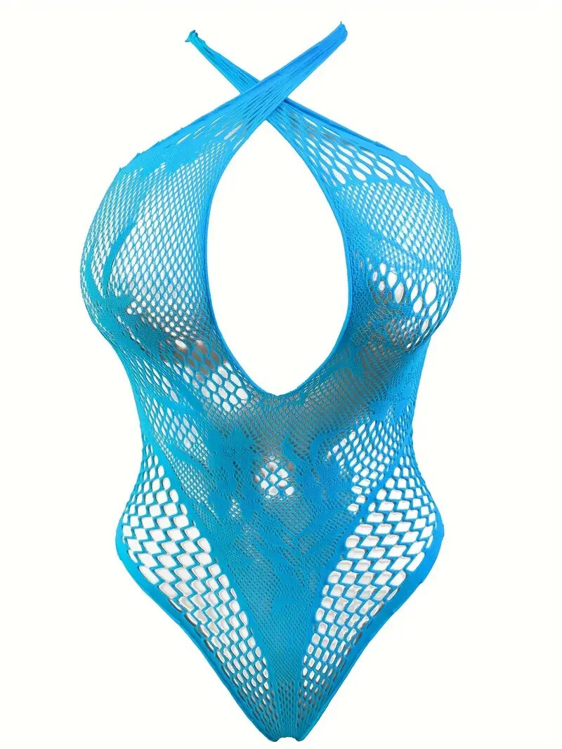 Plus Size Curvy Sky Blue Lingerie Hollowed Out Body Suit Fishnet Mesh One Size