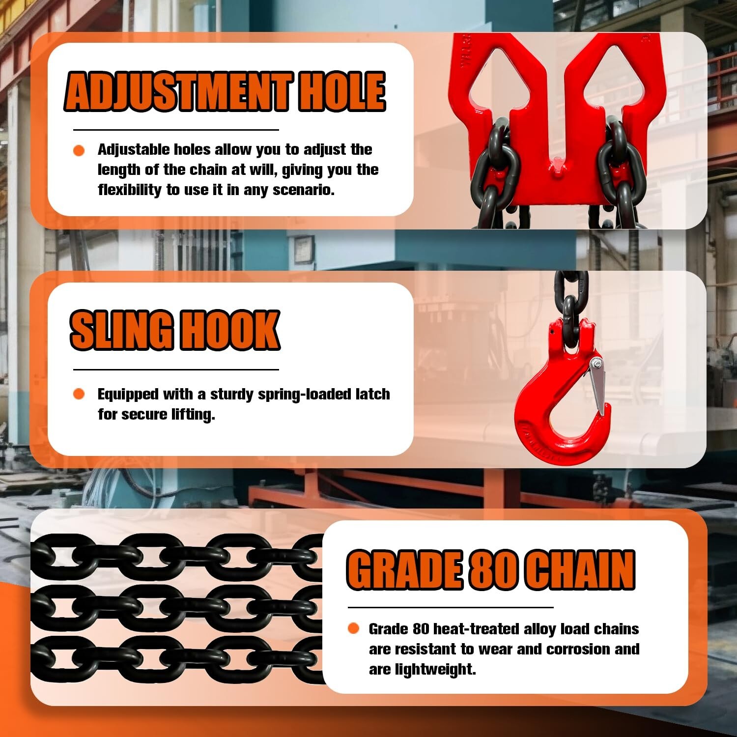 Adjustable Chain Sling 10FT 5/16”, 3.18 Ton G80 Alloy Steel Double Leg Slings