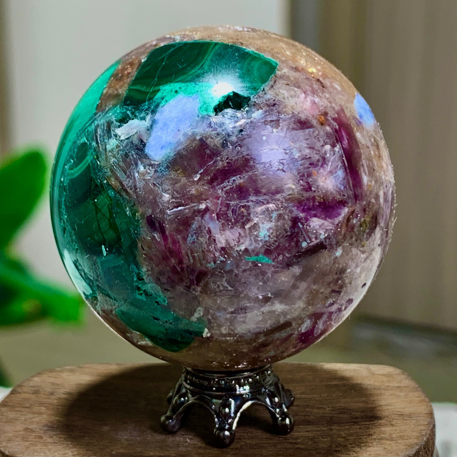 97G Newly discovered rare malachite purple mica symbiotic sphere restoration