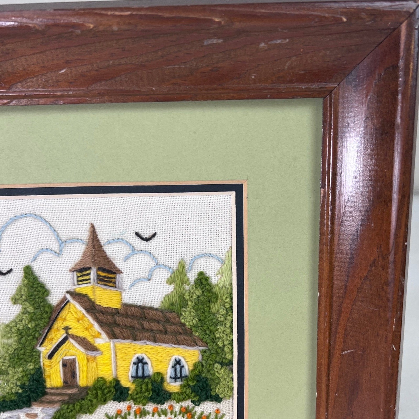 Vintage Crewel Embroidery Completed Woodside Church Framed 5x7 1980's Handmade