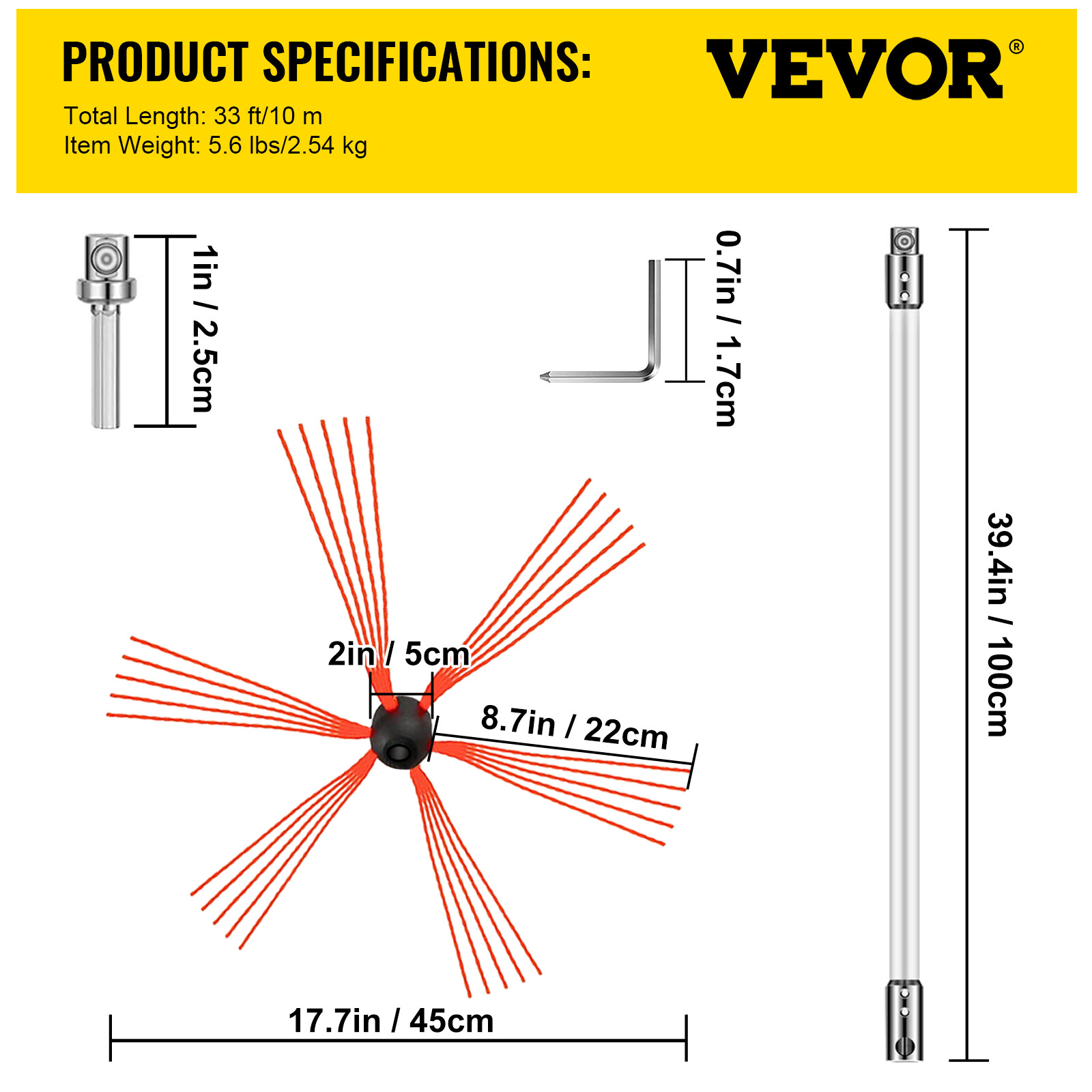 33FT Chimney Cleaner Sweep Kit Cleaning System Rotary Brush Rod Fireplace 10m
