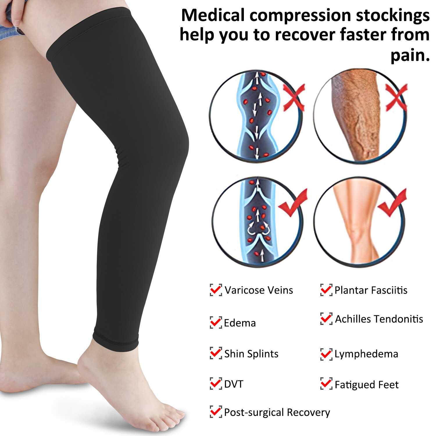 Compression Thigh Sleeve Leg Pain Relief Socks Knee High Brace Support Men Women