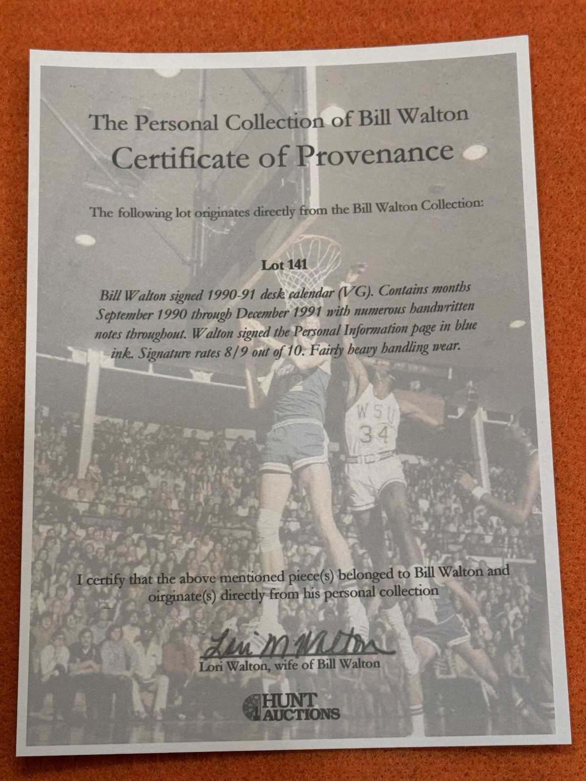 Bill Walton Personally Owned & Signed 1990-1991 Desk Calendar NBA NCAA