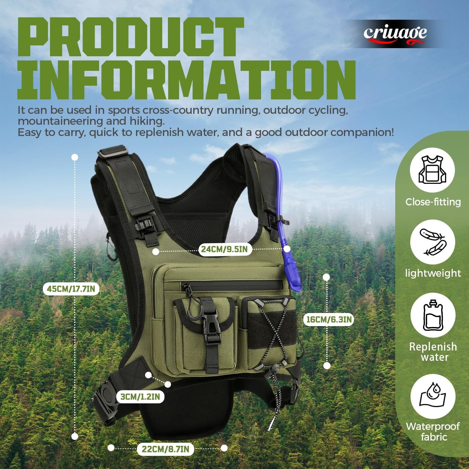 Hydration vest backpack, lightweight chest pack with 2.0 liter water bladder