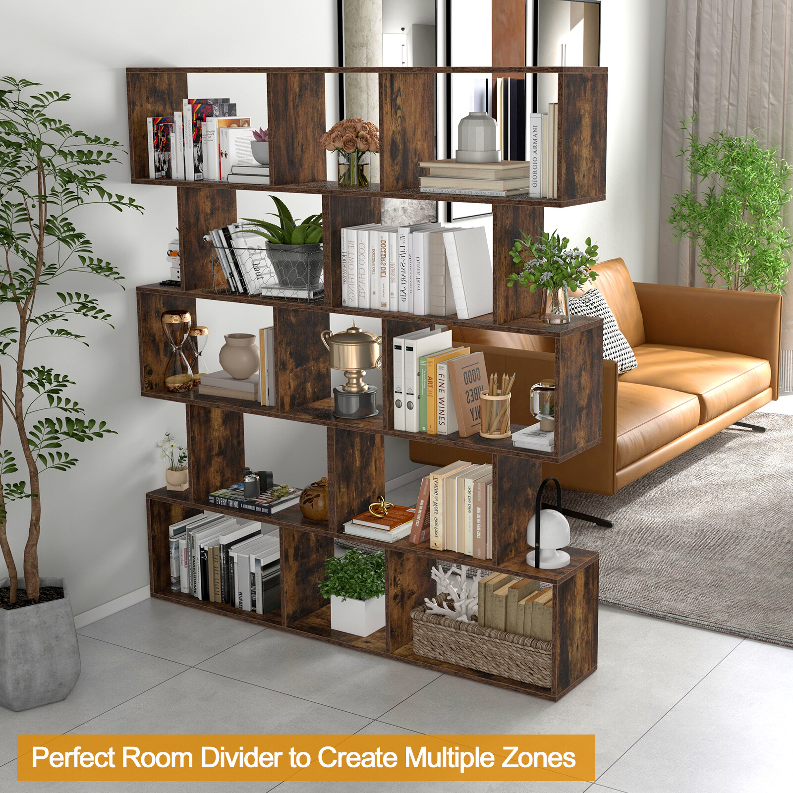 5-Tier Bookshelf Geometric S-Shaped Bookcase Room Divider Storage Display Shelf
