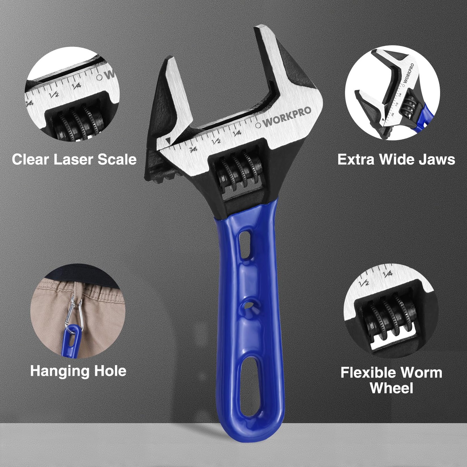 WORKPRO 4-inch Stubby Adjustable Wrench Extra Wide Jaw Opening Wrench Metric/SAE