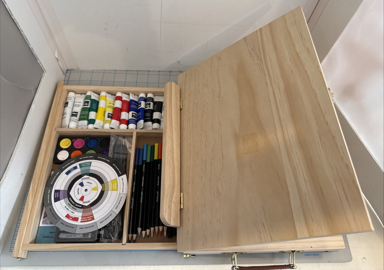 Solid Artist Wood Desk Table Easel Box, Storage Drawer, Art Paint Supplies