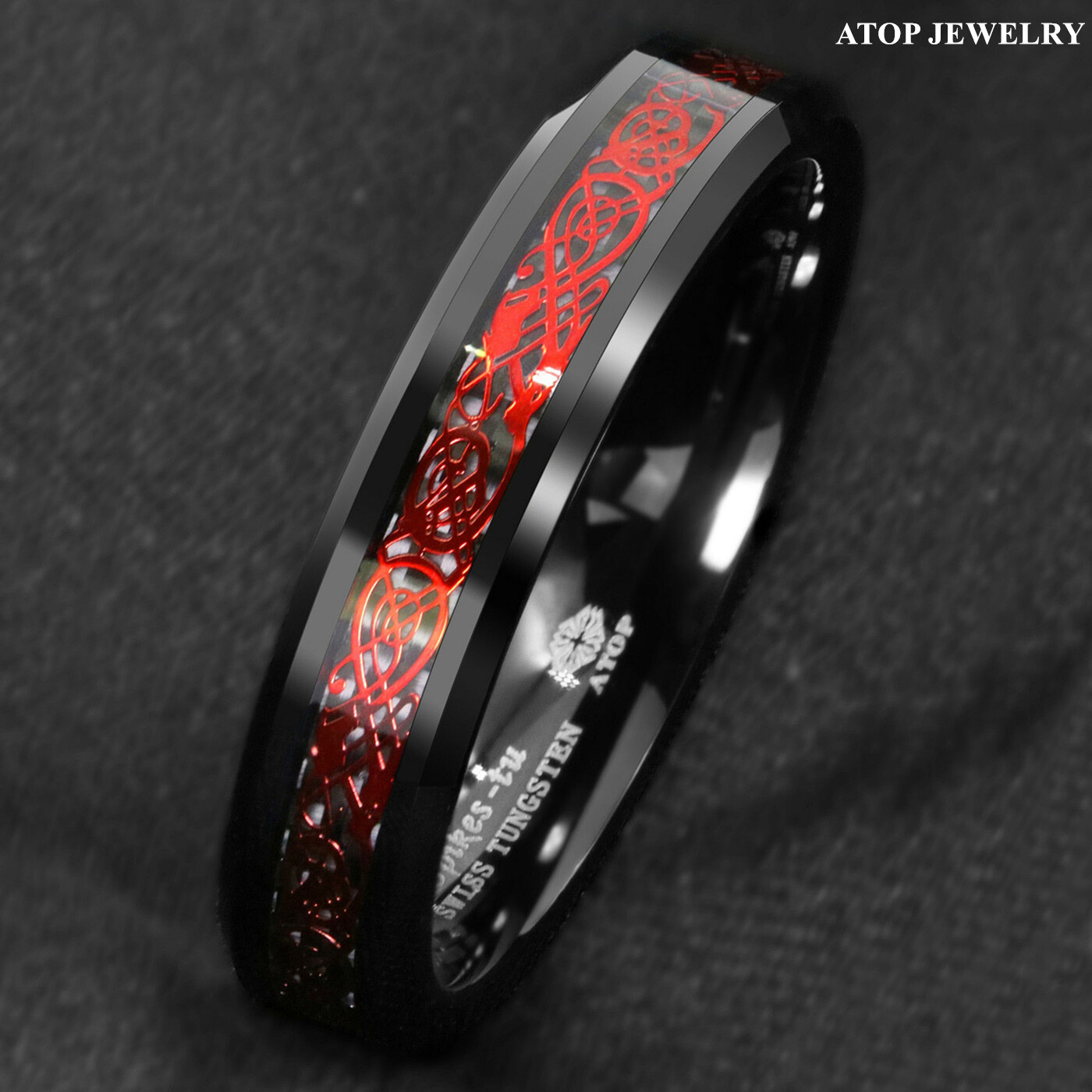 8/6mm Black Tungsten Ring Red Celtic Dragon Black carbon fiber Ring ATOP Jewelry