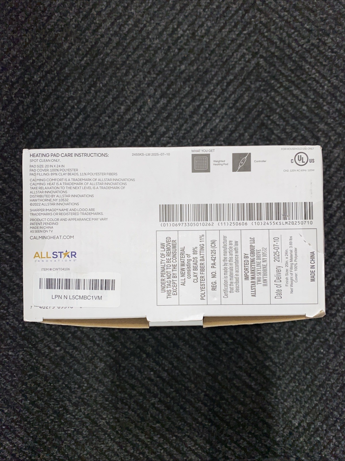 Sharper Image Calming Heat Massaging Weighted Pad XXL-Wide 20x24 6 lb brown box,