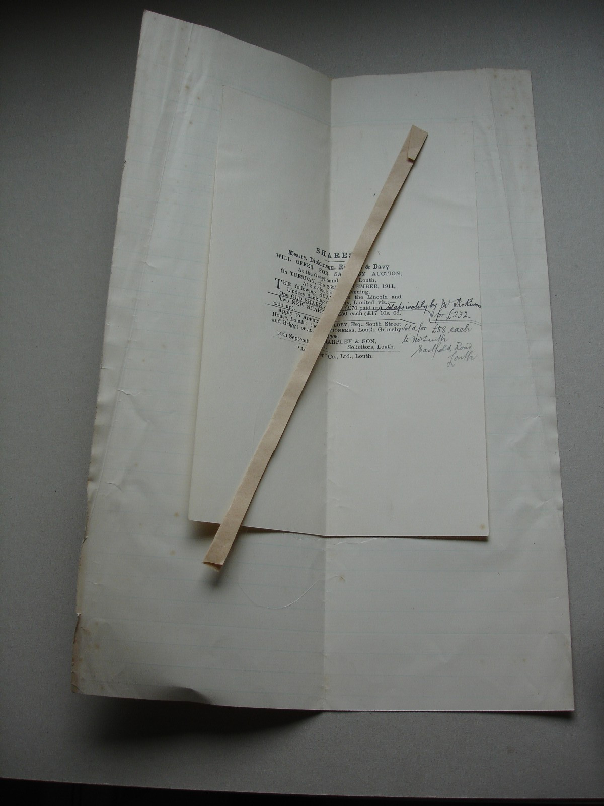 1911 Auction Sale Notice Shares Lincoln & Lindsey Bank in Louth sale price notes
