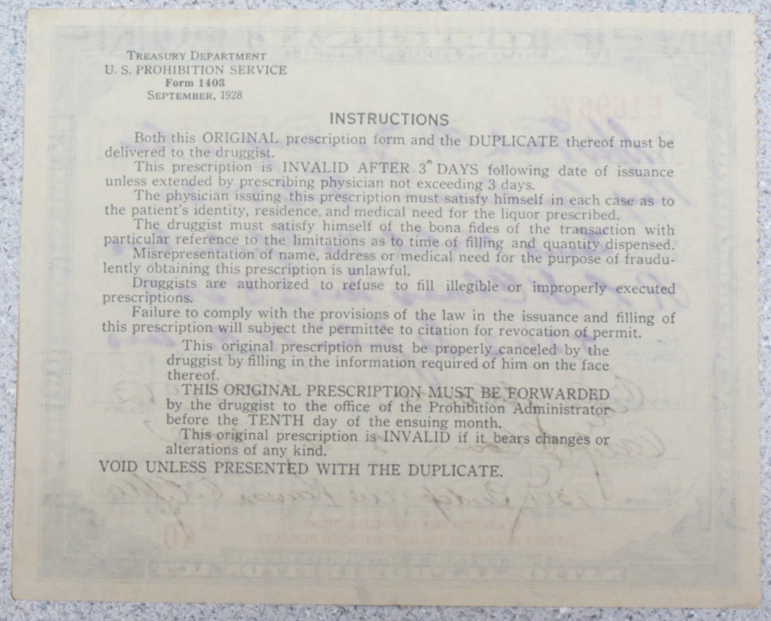 Vintage Prohibition Prescription Medicinal Liquor Alcohol Spirits Missouri 1930