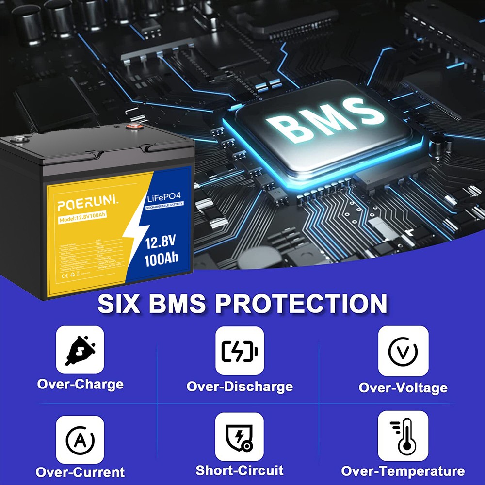 POERUNI 12V 100Ah Lithium LiFePO4 Battery 8000+ Deep Cycle for Solar RV Marine