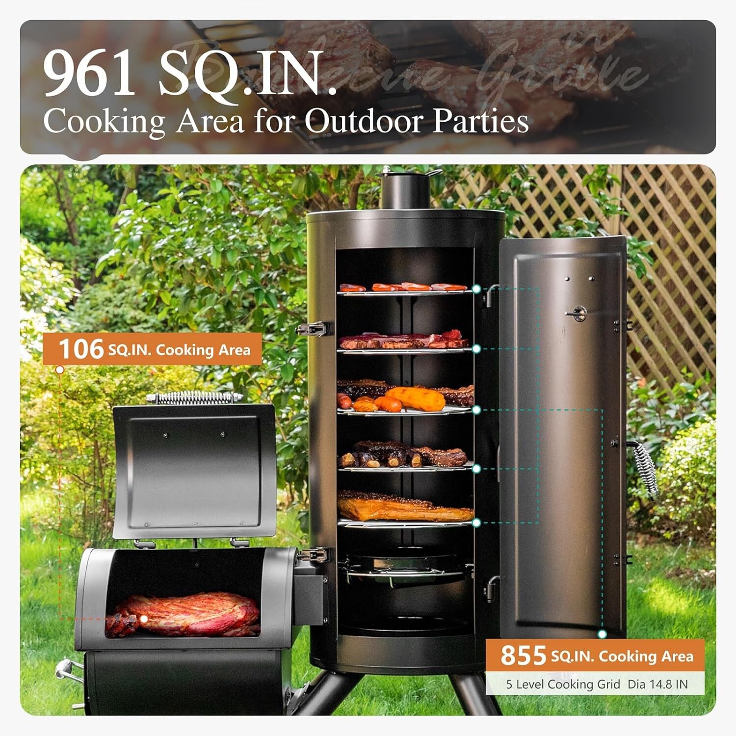 Outdoor BBQ Grill Heavy Duty Vertical Offset Charcoal Smoker Grills Extra Large