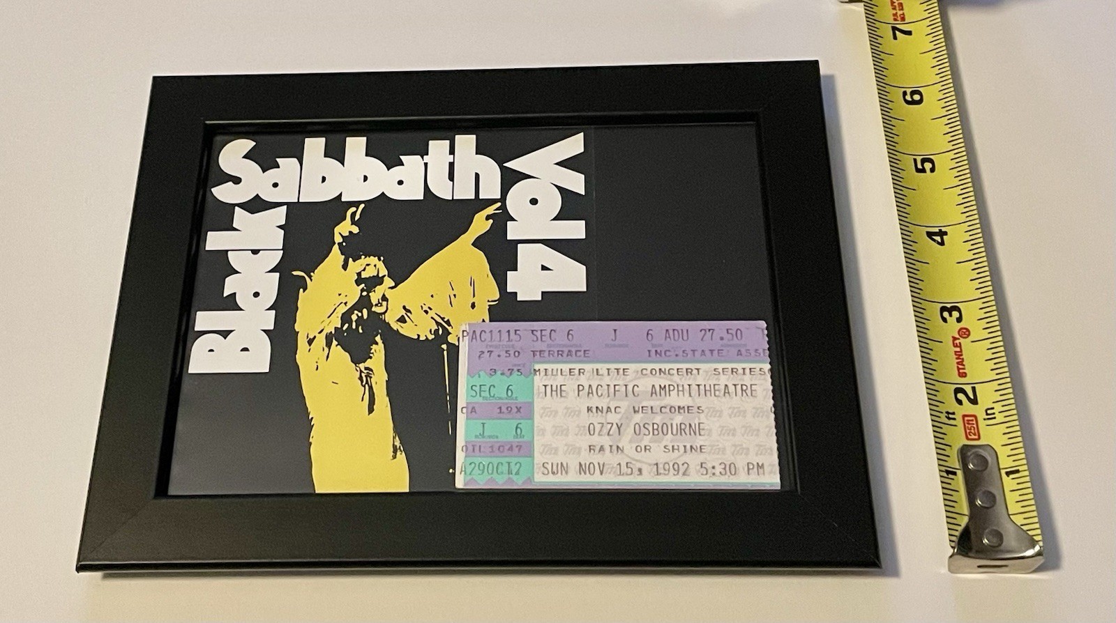 Framed 1992 Ozzy Osbourne Concert Ticket Stub So. Cal Black Sabbath Album Cover
