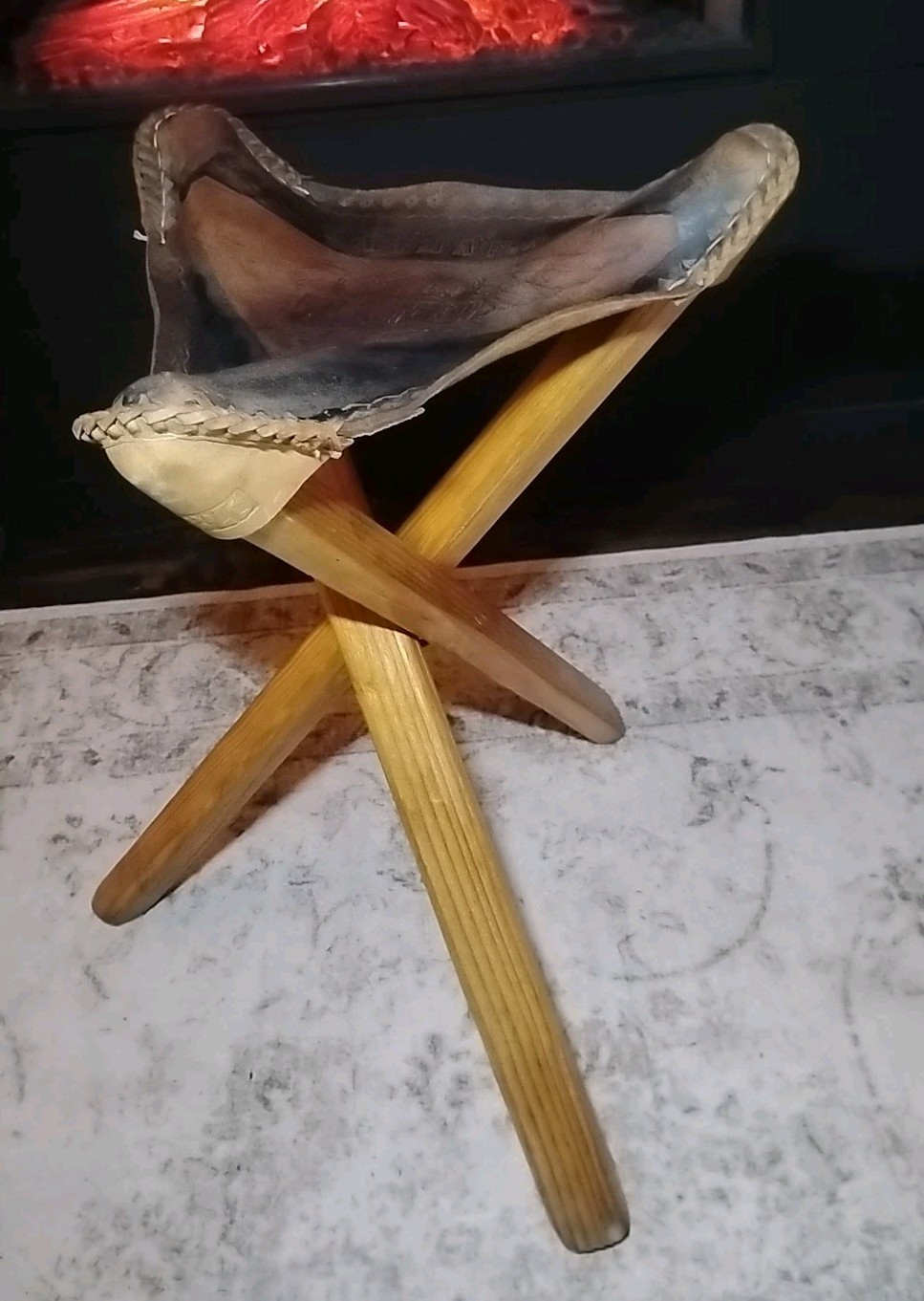 Vintage Leather Harley Davidson Tripod Stool Cover Saddle Hand Tooled Oatman, AZ