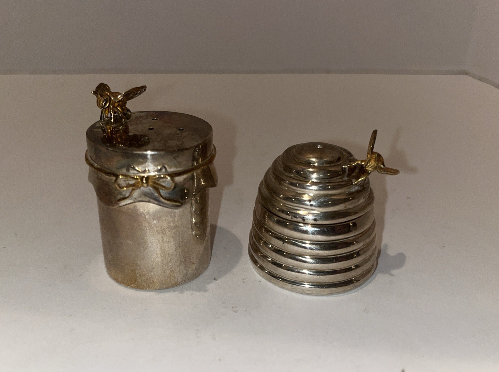 Thistle & Bee Sterling Silver Beehive Salt & Pepper Shakers Rare