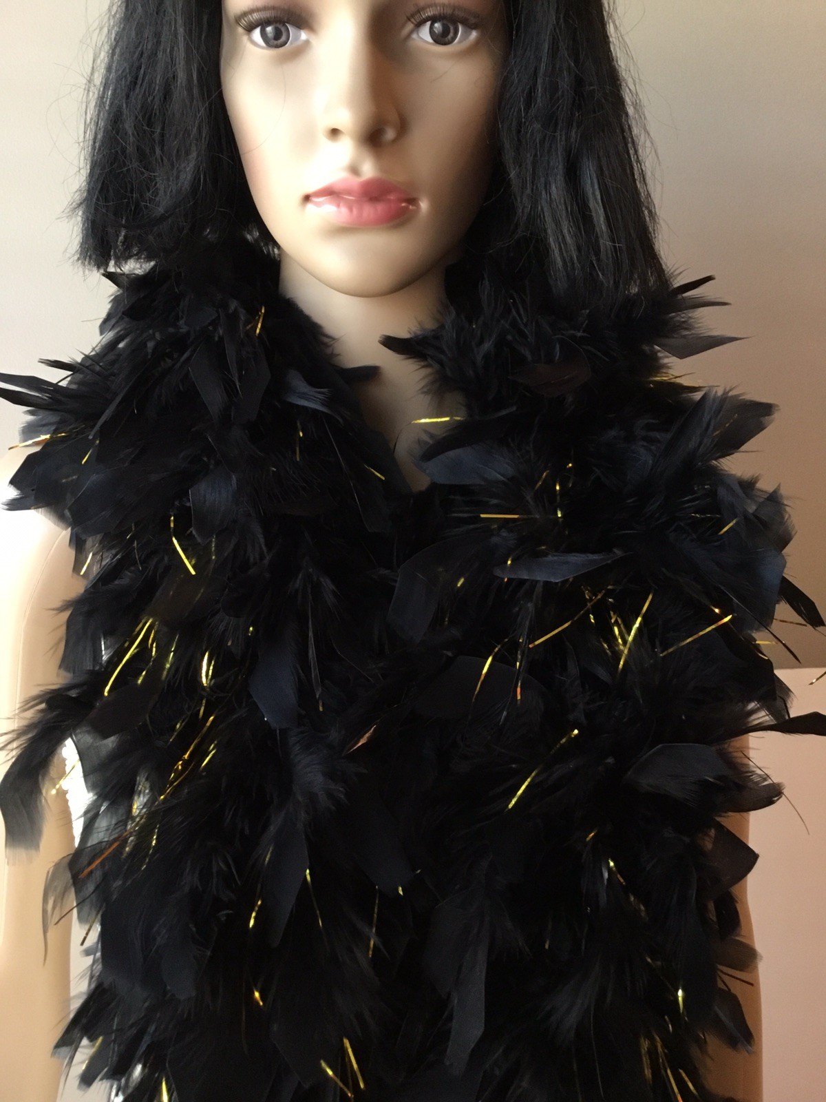 Vintage Real Feather Boa Black w Gold Tinsel Accent 75" Long Costume