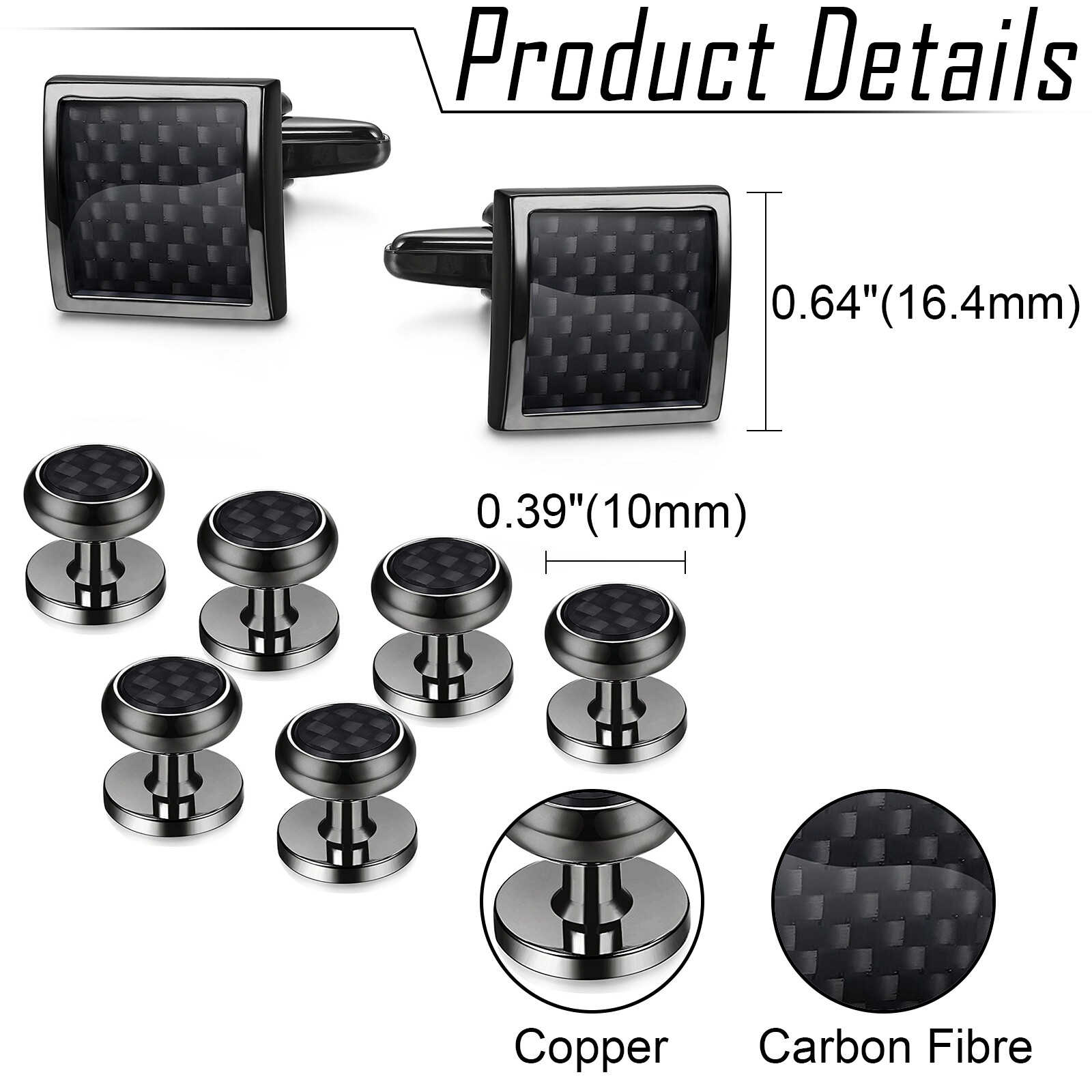 8pcs Men Carbon Fiber Tuxedo Cufflinks Shirt Wedding Buttons Cuff Links Stud Set