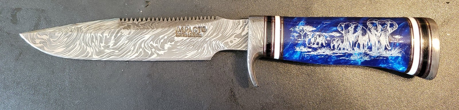 Impact Cutlery Custom Damascus Hunting Knife Engraved Blue Resin handle- 2399