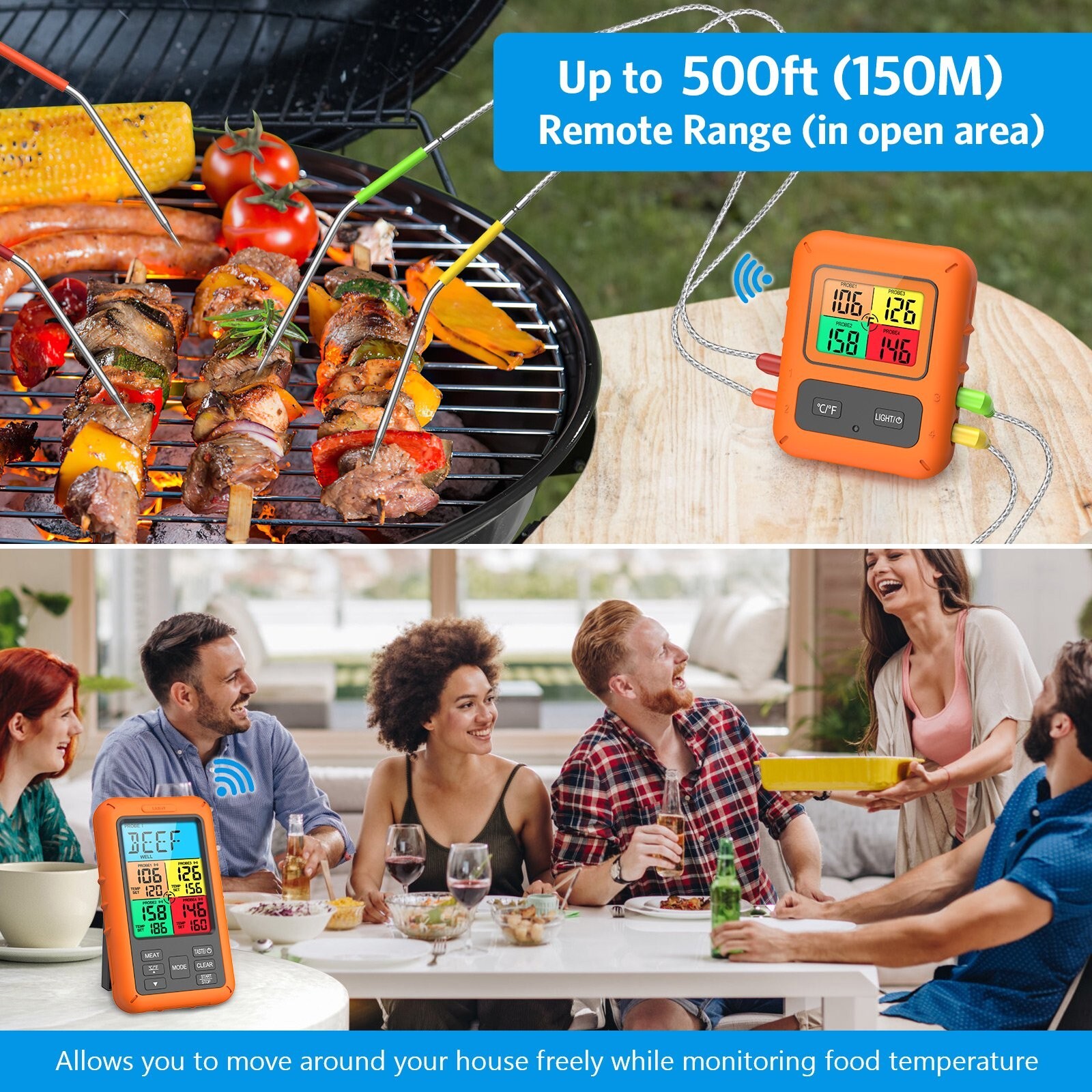 Smart Wireless Meat Thermometer w/ 4 Probes for BBQ Grilling Baking Barbecue