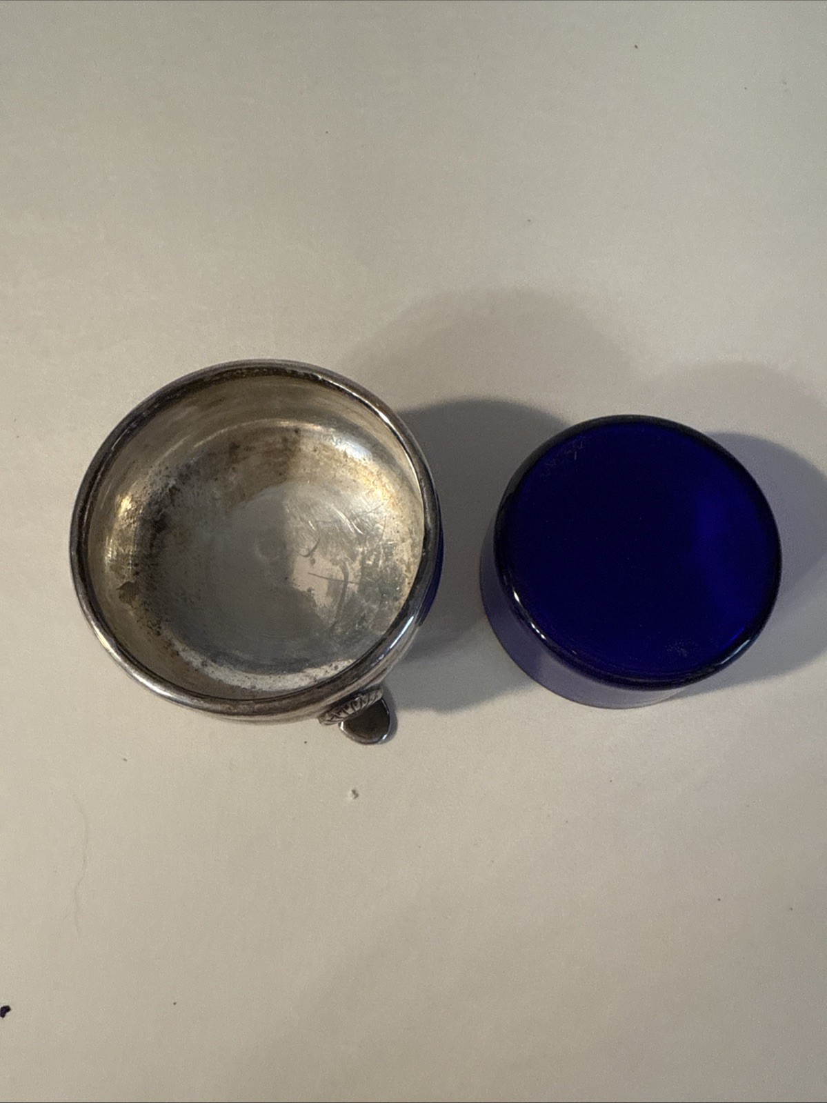 ANTIQUE SILVER PLATE SALT CELLAR WITH COBALT GLASS LINER-ENGLISH HALLMARKS
