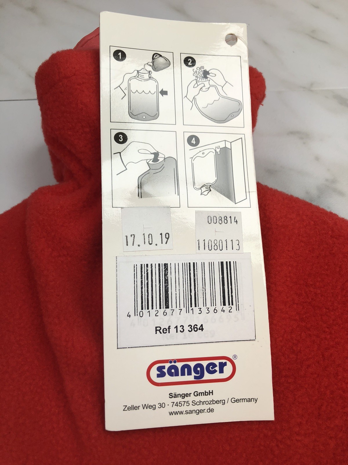 Sanger 2.0 Liter Hot Water Bottle with Red Fleece Cover ~ Made in Germany ~ NEW