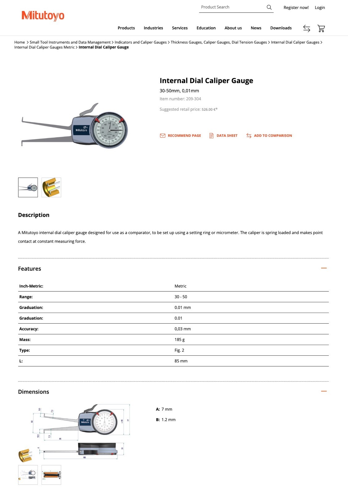 Mitutoyo Internal Groove Dial Caliper Comparator Gauge Gage 30-50mm / 0.01mm