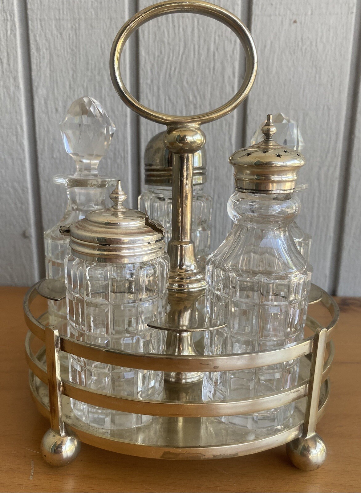 1887 Walker & Hall Victorian Silver Plate Antique Cut Crystal 6 pc Cruet Set