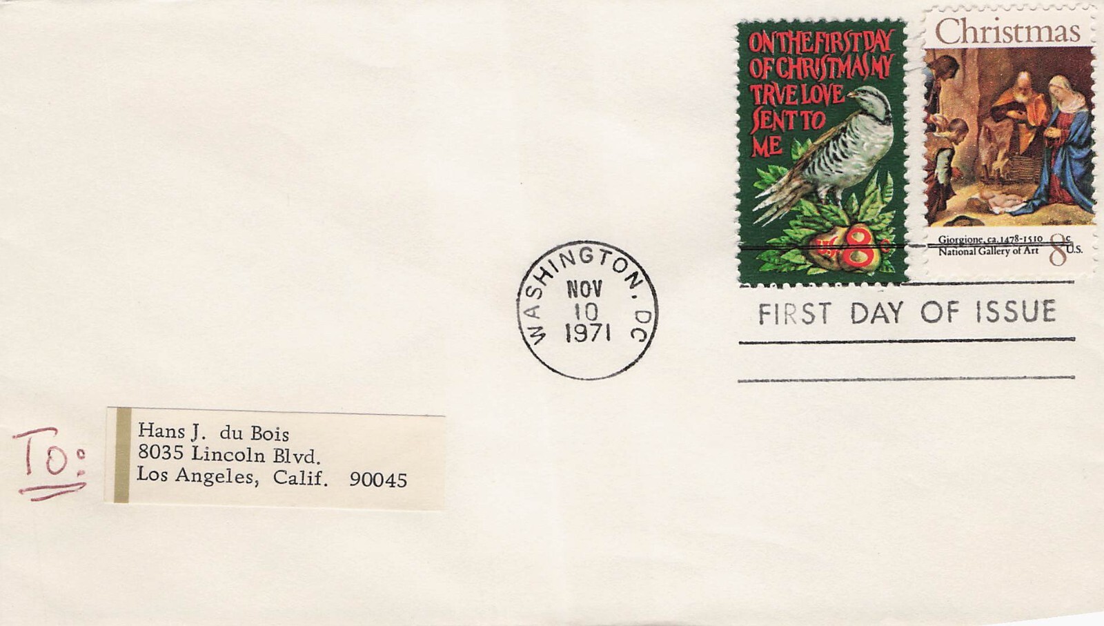 1971 First Day Cover Christmas Stamps Partridge Giorgione Nativity DC CV05