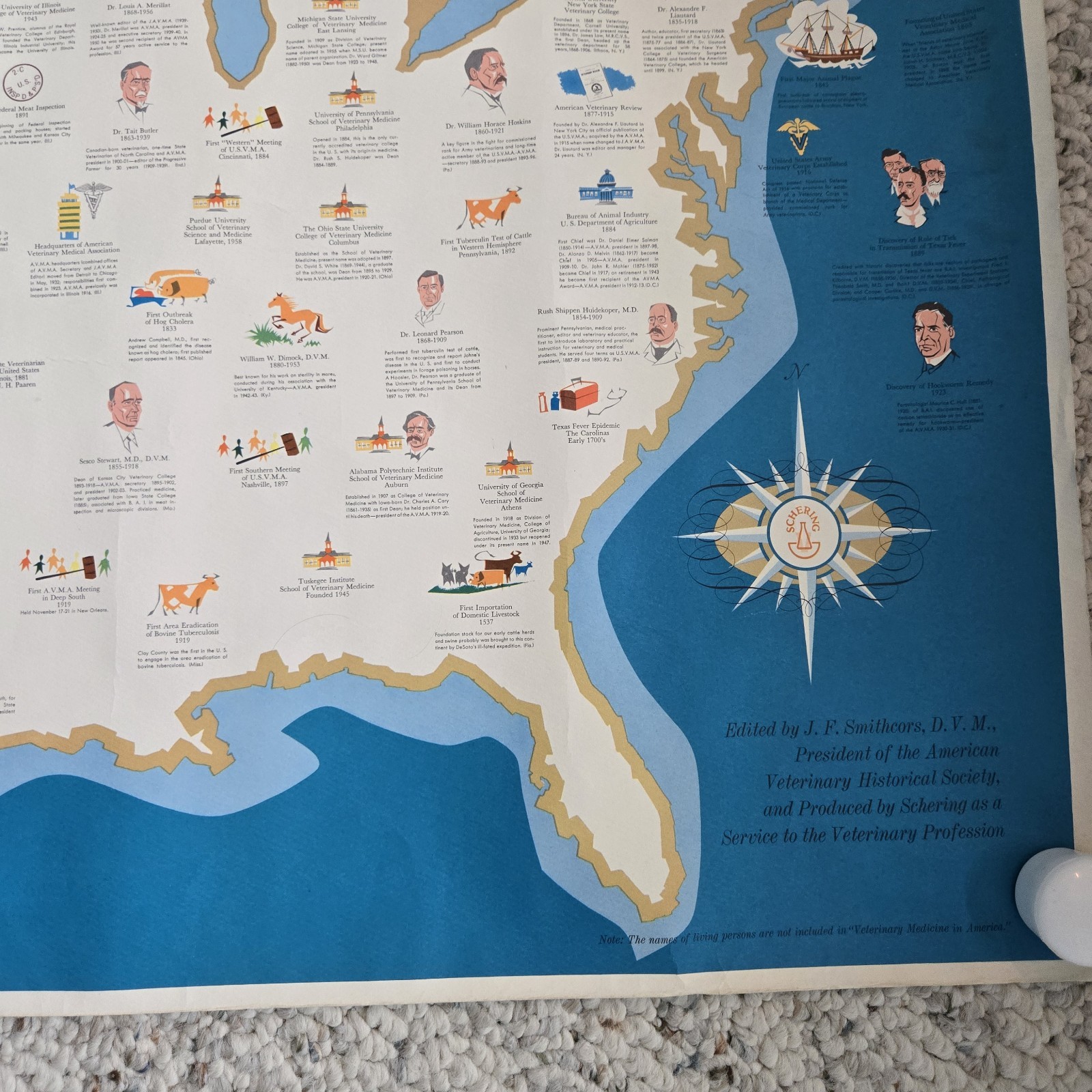 1960 Veterinary Medicine In America Poster History Map Unframed Vtg Vet Wall Art