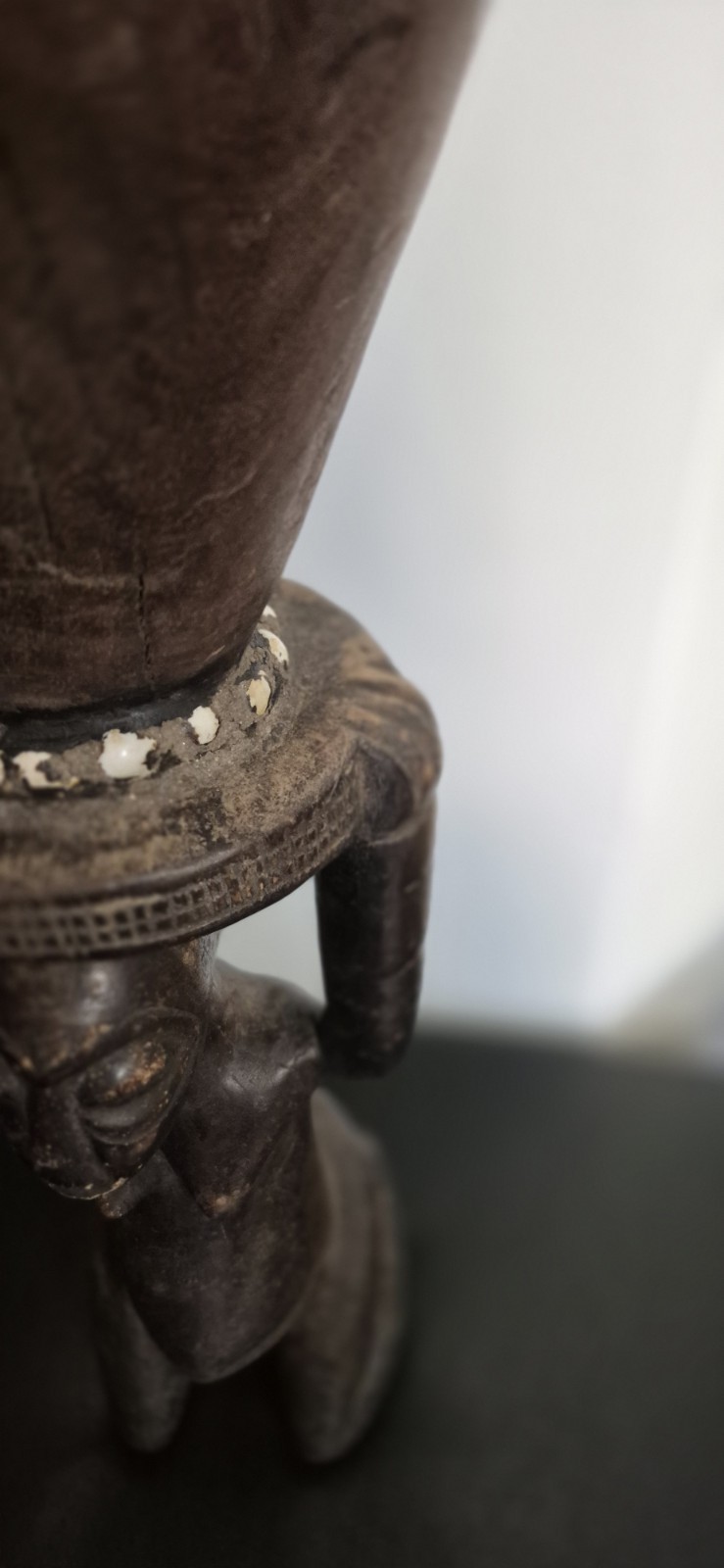 African Luba Female Wood Statue With Drum 21"H 7.5"W