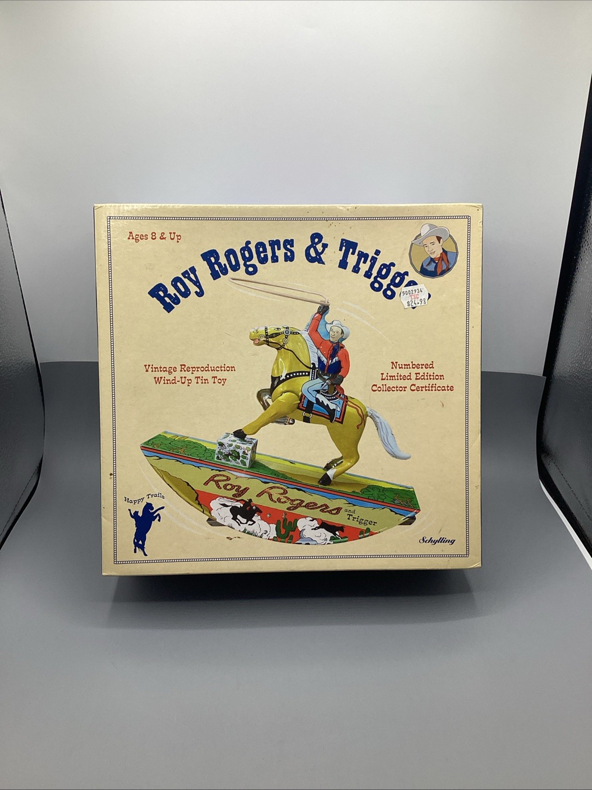 Schylling Vintage Reproduction Roy Rogers & Trigger Tin Wind-Up Toy W/Box