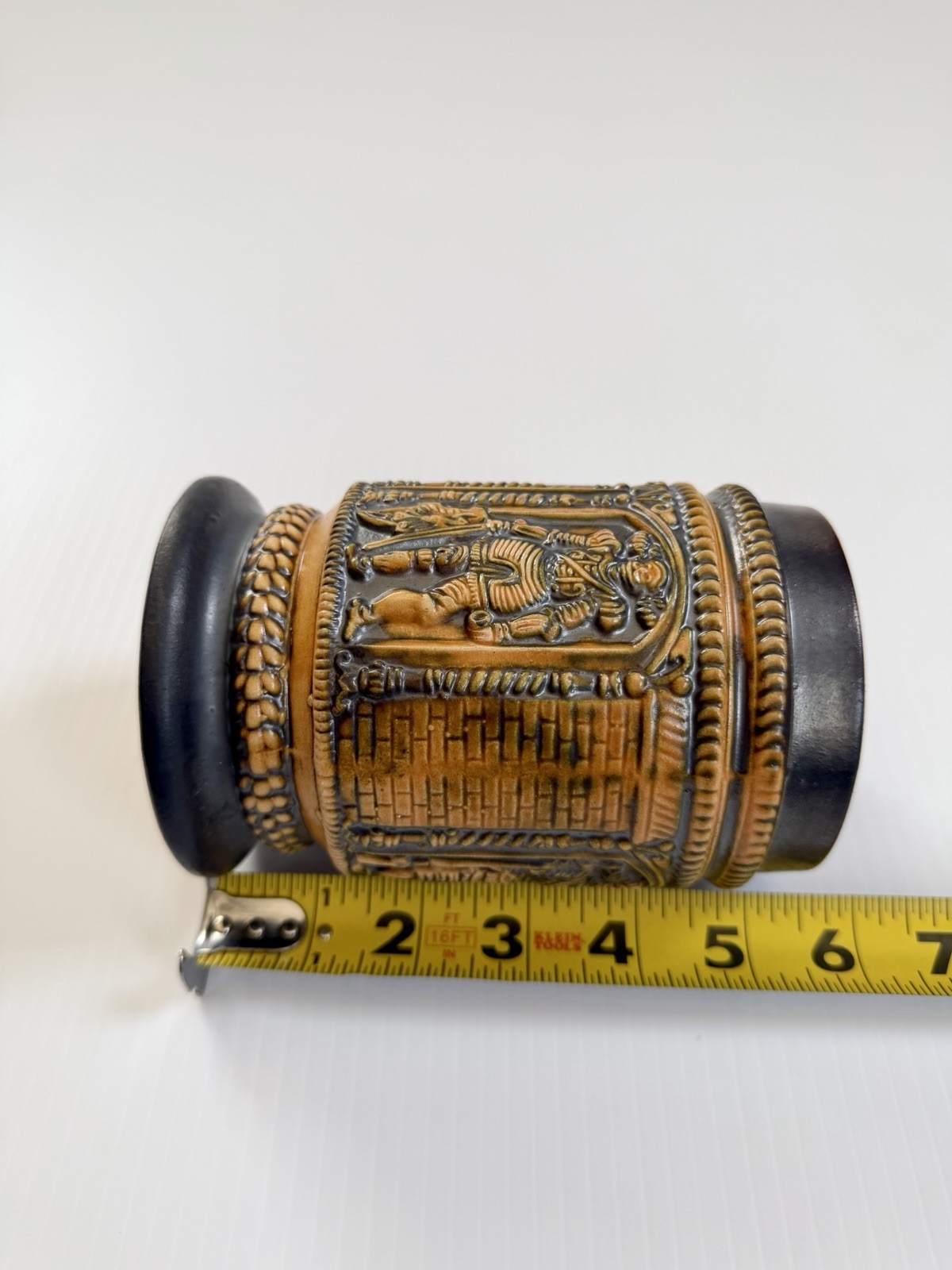 Vintage German Tankard Mug Beer Stein Brown/Orange Medieval Figures In Relief