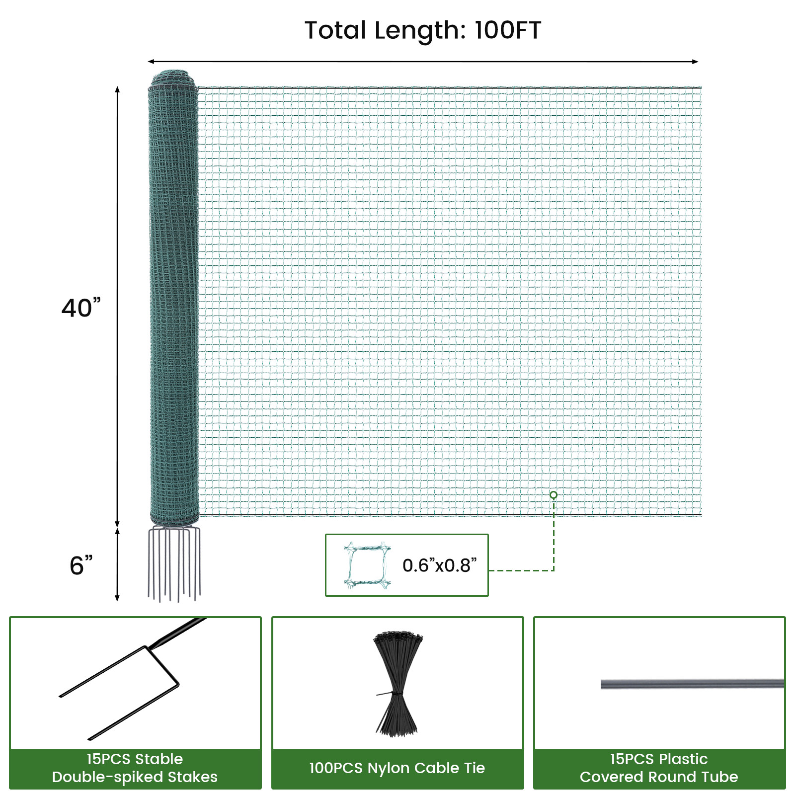 Non Electric Fence Netting,40" x 100'/164' Portable Movable Livestock Nets Mesh