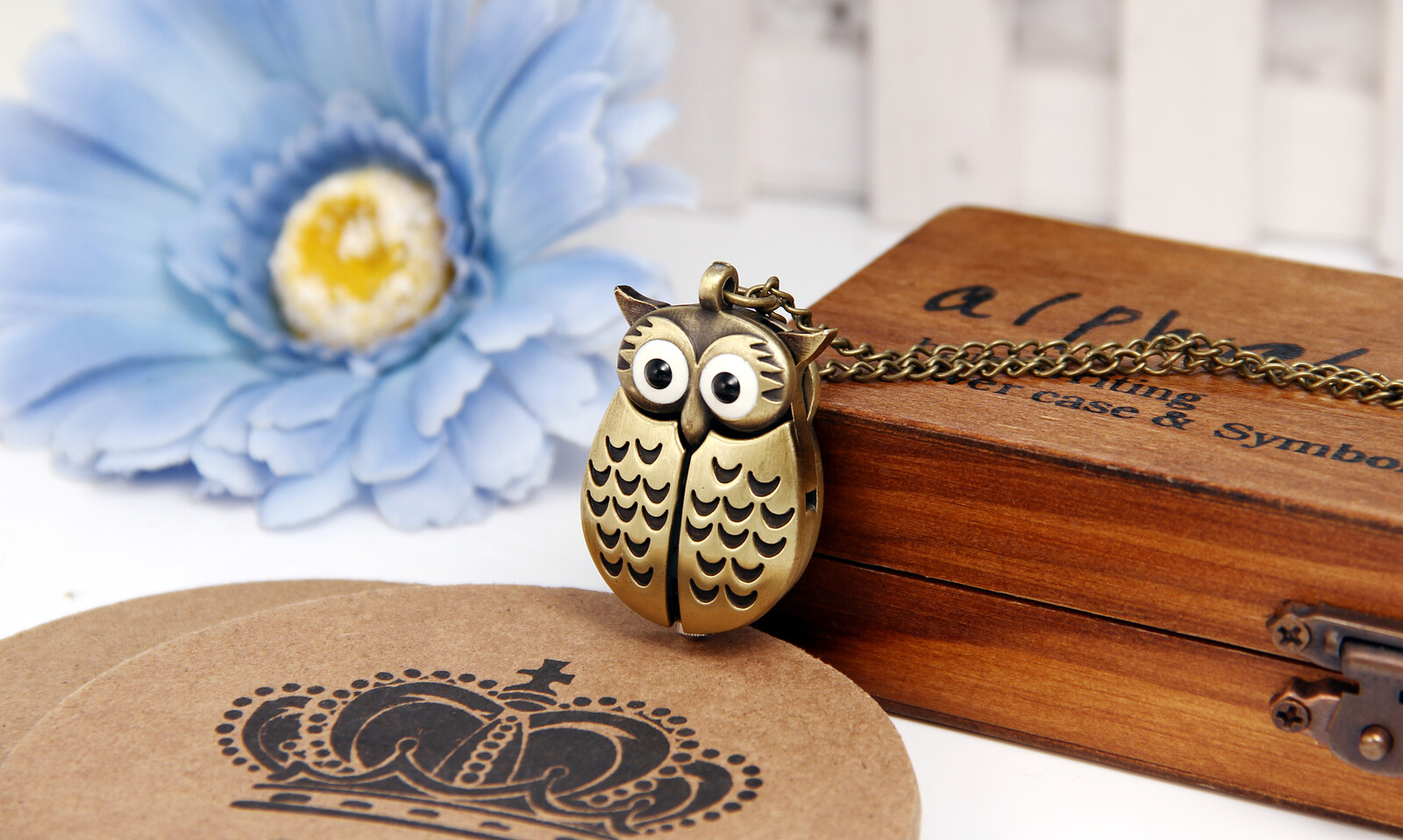Vintage Retro Owl Wings Bronze Tone Open Face Pocket Watch Pendant Necklace
