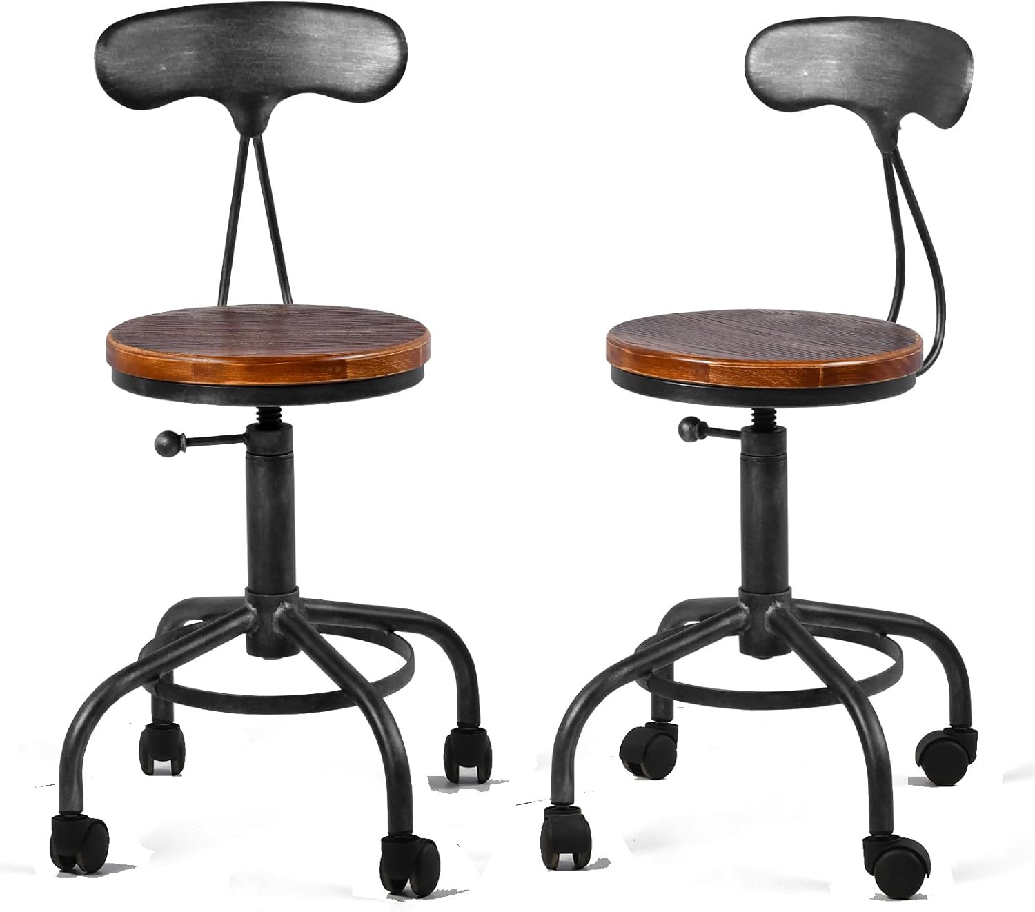 Industrial Adjustable Swivel Kitchen Stools with Wheels, Set of 2