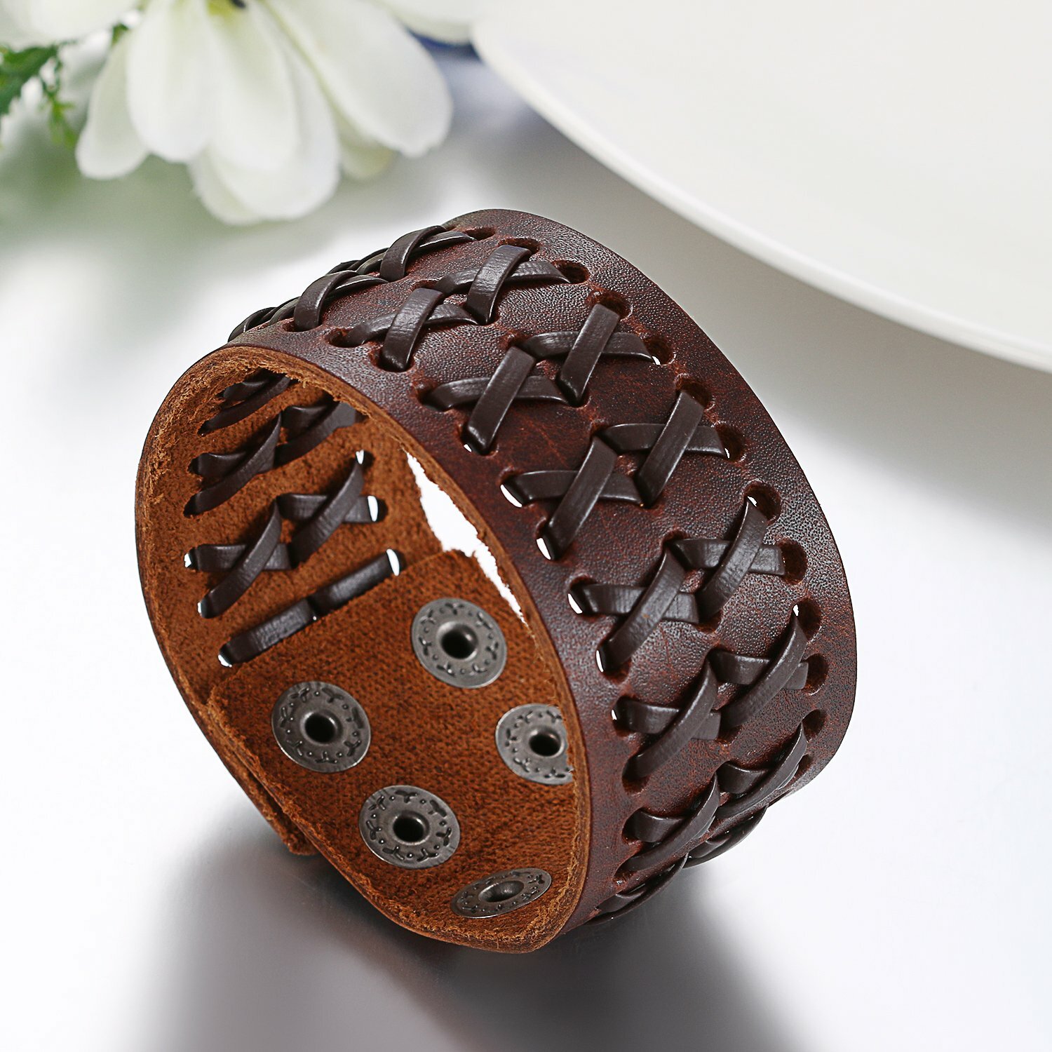 Punk Rock Wide Brown Leather Men's Cuff Bangle Bracelet Adjustable Wristband