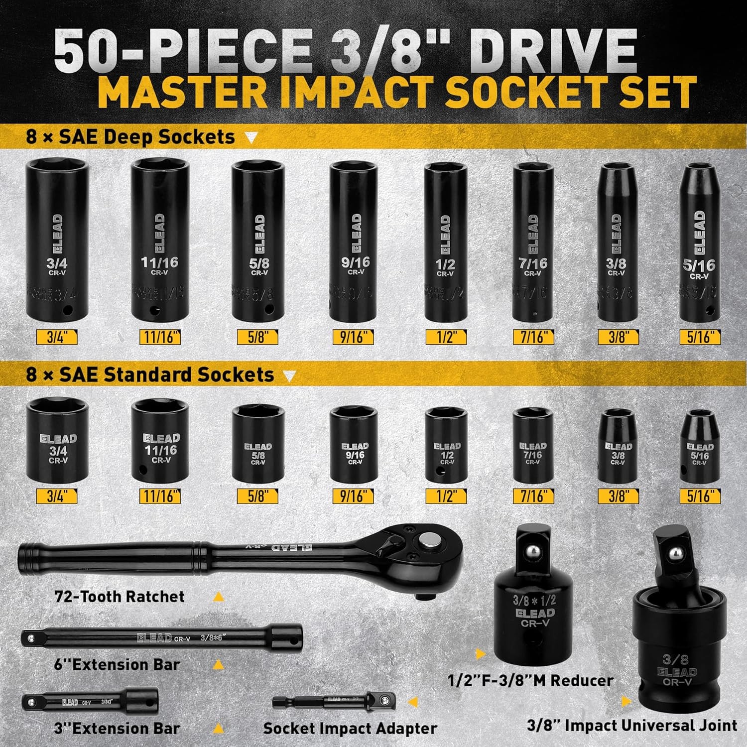 3/8'' Drive Impact Socket Set 50Pcs Shallow & Deep Socket Set Metric & Standard