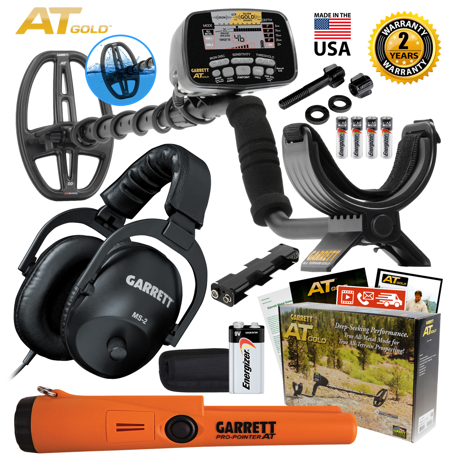 Garrett AT Gold Waterproof Metal Detector with MS-2 Headphones and ProPointer AT
